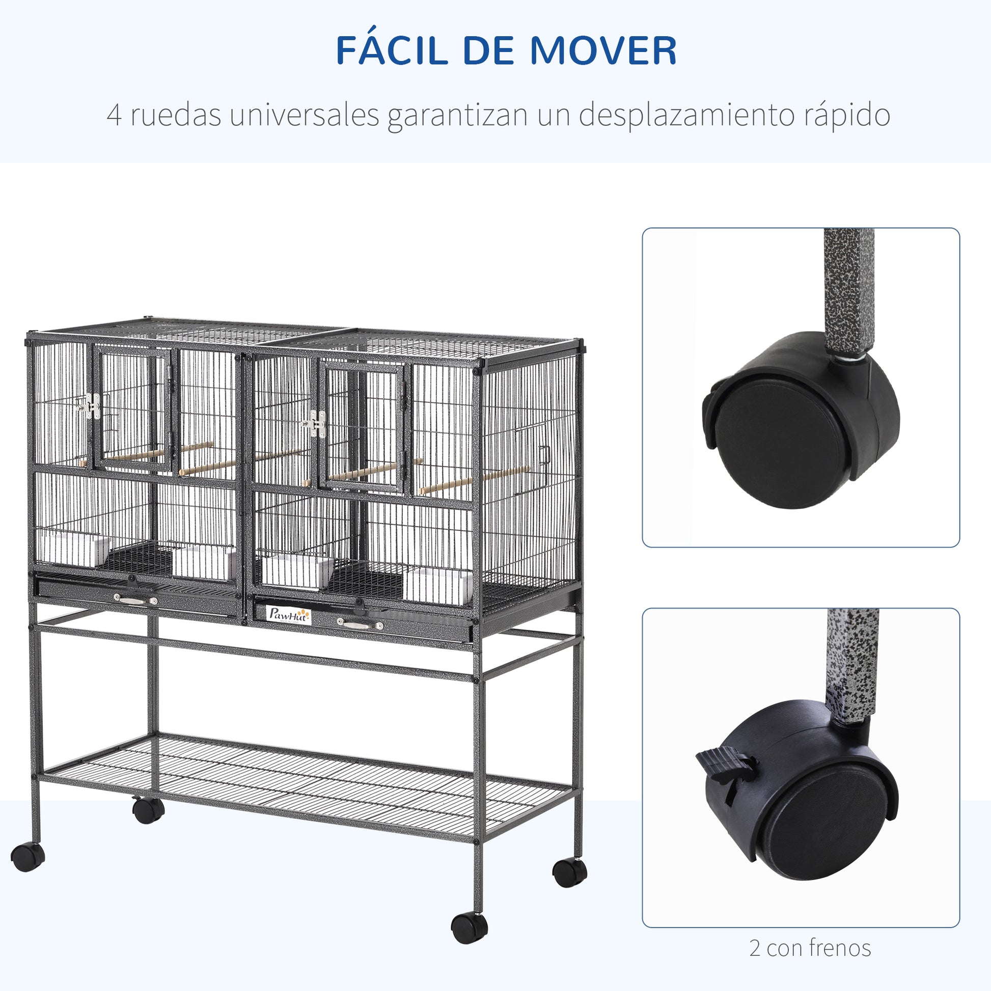 Bird Cage with Wheels Double Birdcage with 2 Trays Multiple Doors 4 Feeders 4 Perches for Parakeets Lovebirds Canaries 95x45.5x102 cm Gray