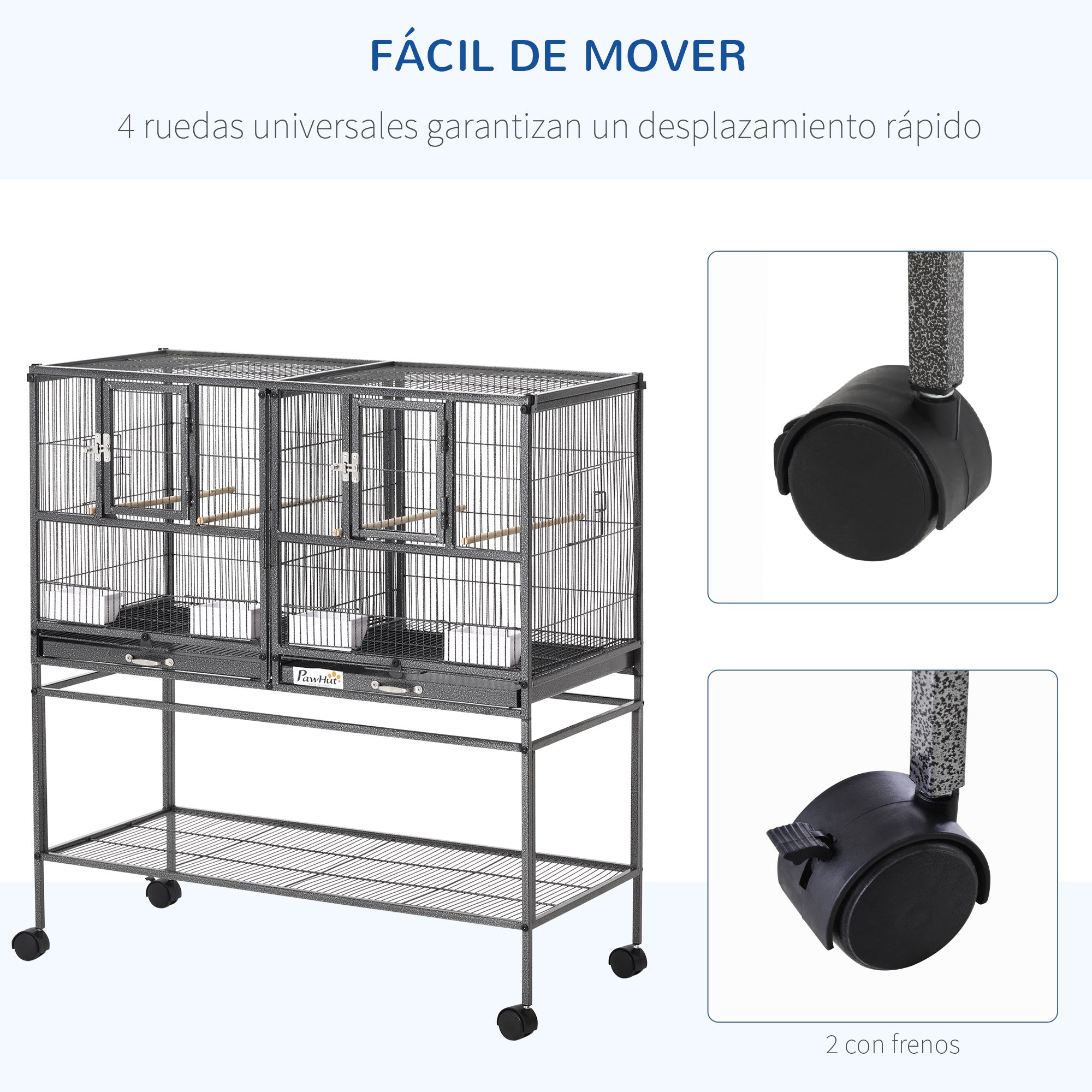 Bird Cage with Wheels Double Birdcage with 2 Trays Multiple Doors 4 Feeders 4 Perches for Parakeets Lovebirds Canaries 95x45.5x102 cm Gray