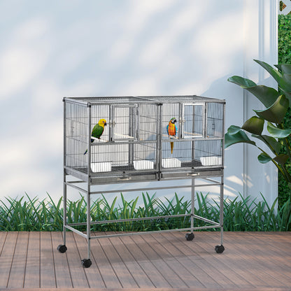 Bird Cage with Wheels Double Birdcage with 2 Trays Multiple Doors 4 Feeders 4 Perches for Parakeets Lovebirds Canaries 95x45.5x102 cm Gray