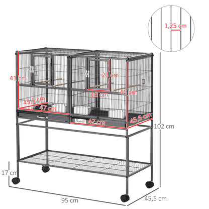 Bird Cage with Wheels Double Birdcage with 2 Trays Multiple Doors 4 Feeders 4 Perches for Parakeets Lovebirds Canaries 95x45.5x102 cm Gray