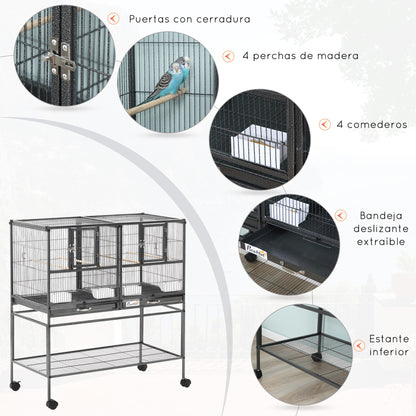 Bird Cage with Wheels Double Birdcage with 2 Trays Multiple Doors 4 Feeders 4 Perches for Parakeets Lovebirds Canaries 95x45.5x102 cm Gray