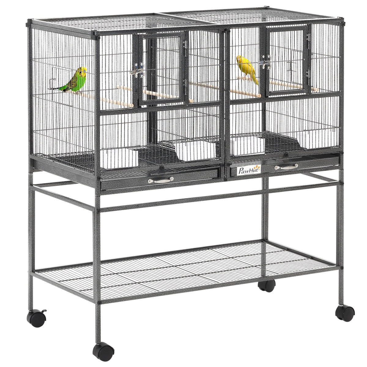 PawHut Vogelkäfig mit Rollen, Doppelkäfig mit 2 Schalen, mehreren Türen, 4 Futterspendern und 4 Sitzstangen für Wellensittiche, Liebesvögel, Kanarienvögel 95x45,5x102 cm Grau