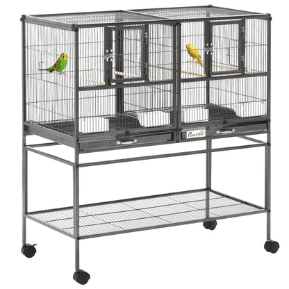Bird Cage with Wheels Double Birdcage with 2 Trays Multiple Doors 4 Feeders 4 Perches for Parakeets Lovebirds Canaries 95x45.5x102 cm Gray