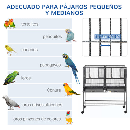 Bird Cage with Wheels Double Birdcage with 2 Trays Multiple Doors 4 Feeders 4 Perches for Parakeets Lovebirds Canaries 95x45.5x102 cm Gray