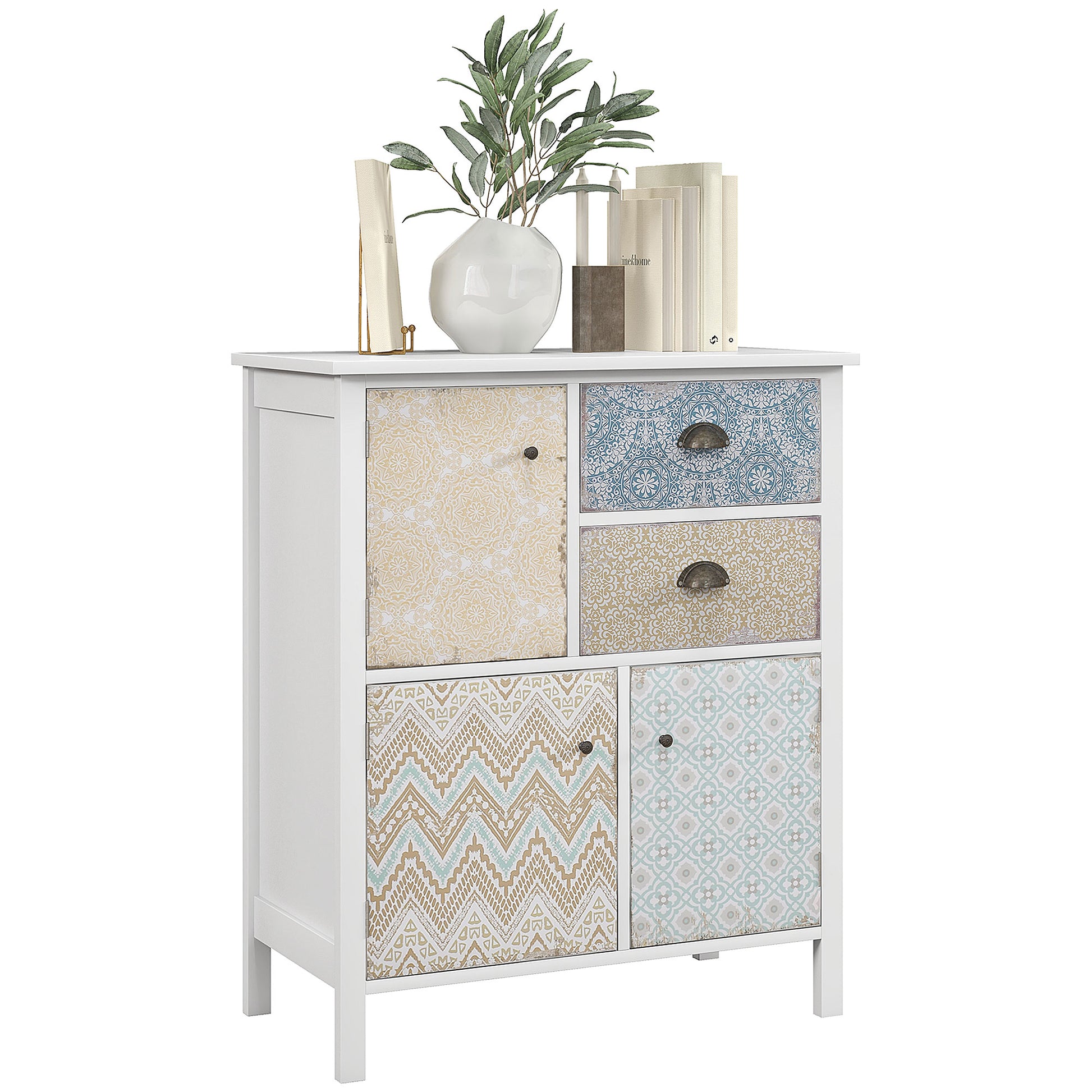 Chest of Drawers Storage Cabinet with 2 Drawers, 3 Cabinet Compartments, Drawer Cabinet with Tip-Over Protection for Living Room, Bedroom, White 68 x 34 x 80 cm