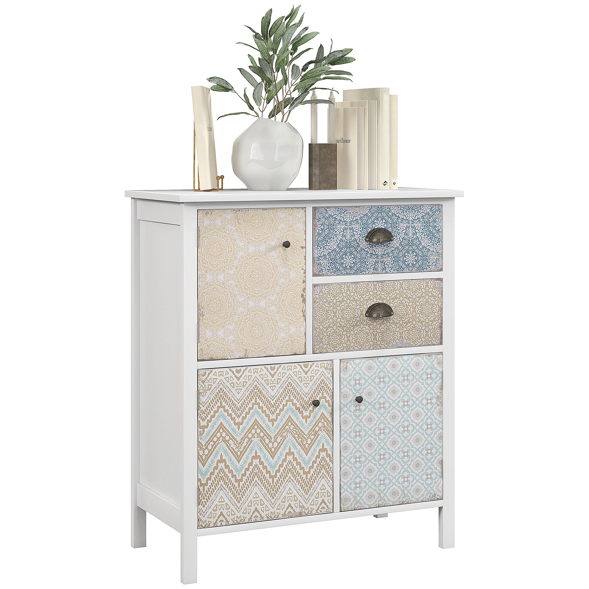Chest of Drawers Storage Cabinet with 2 Drawers, 3 Cabinet Compartments, Drawer Cabinet with Tip-Over Protection for Living Room, Bedroom, White 68 x 34 x 80 cm