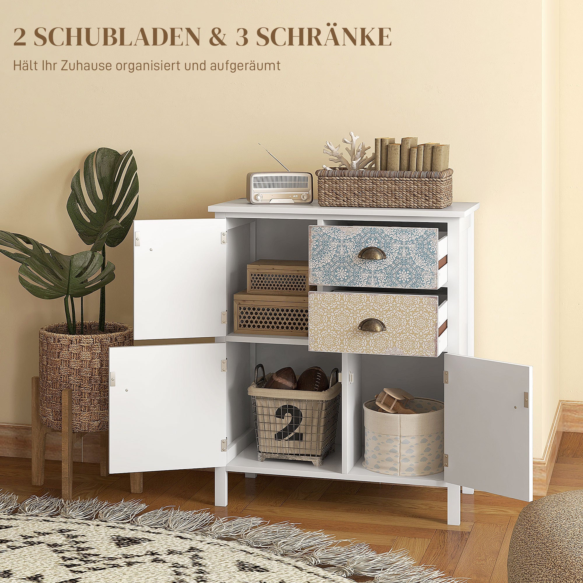 Chest of Drawers Storage Cabinet with 2 Drawers, 3 Cabinet Compartments, Drawer Cabinet with Tip-Over Protection for Living Room, Bedroom, White 68 x 34 x 80 cm