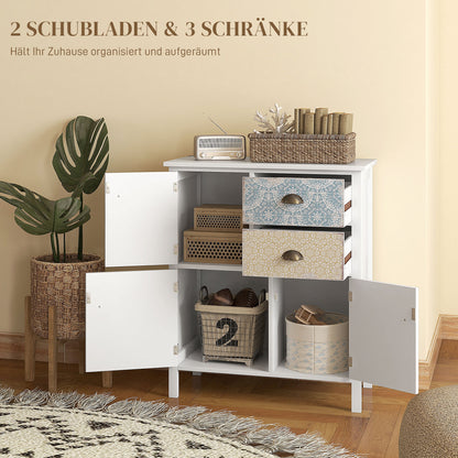 Chest of Drawers Storage Cabinet with 2 Drawers, 3 Cabinet Compartments, Drawer Cabinet with Tip-Over Protection for Living Room, Bedroom, White 68 x 34 x 80 cm