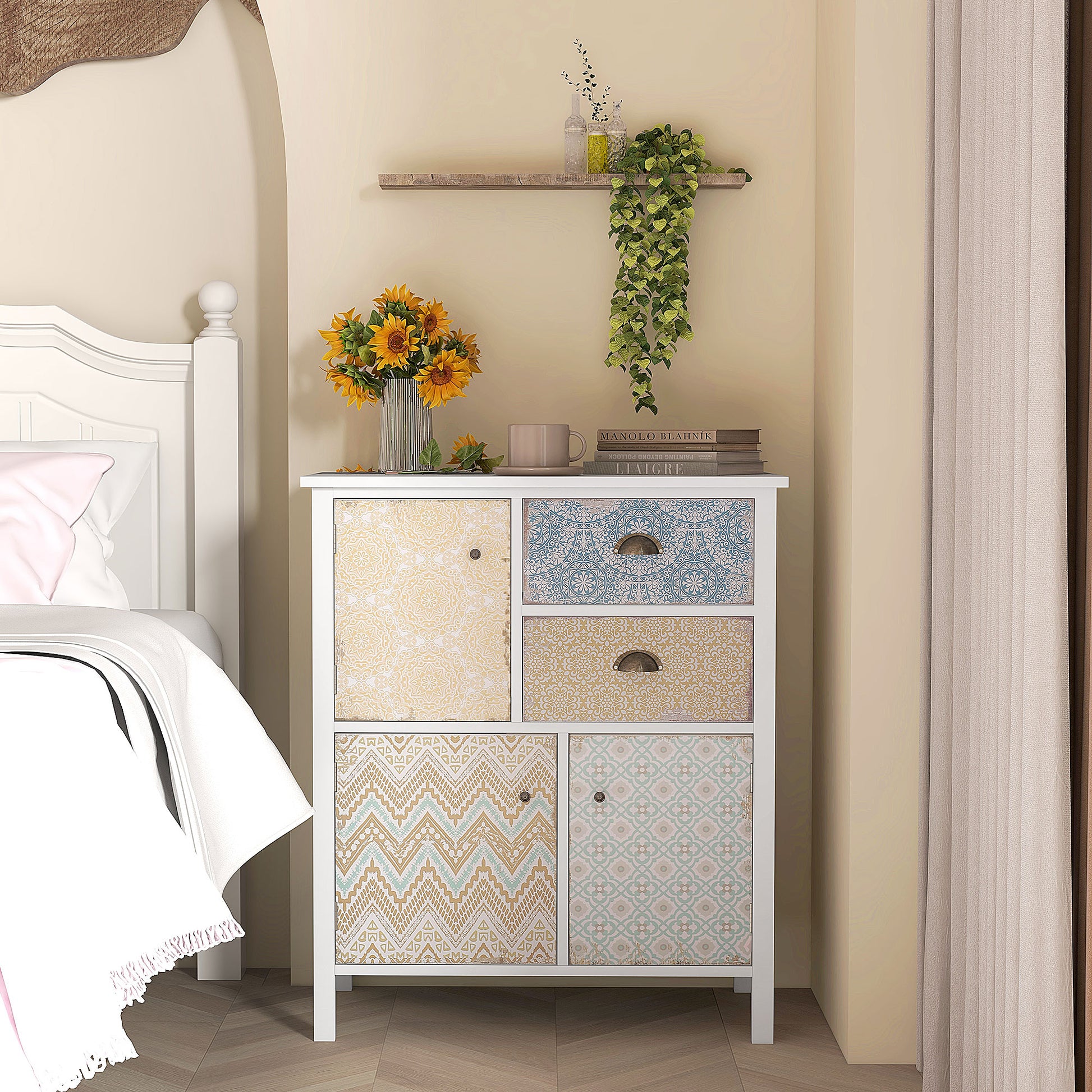 Chest of Drawers Storage Cabinet with 2 Drawers, 3 Cabinet Compartments, Drawer Cabinet with Tip-Over Protection for Living Room, Bedroom, White 68 x 34 x 80 cm