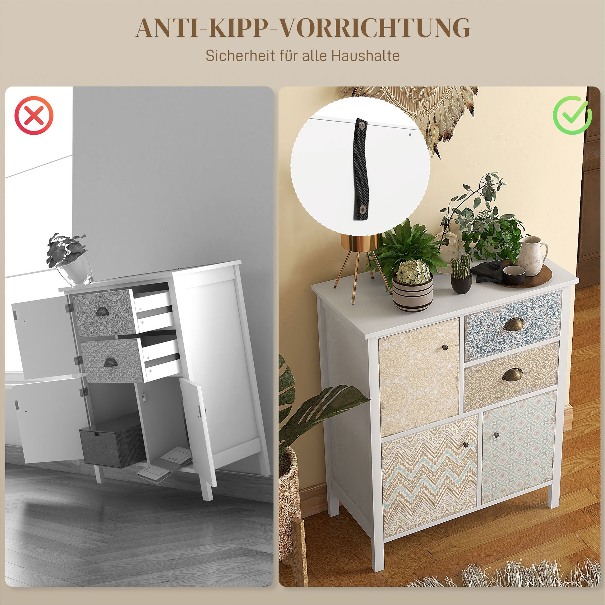 Chest of Drawers Storage Cabinet with 2 Drawers, 3 Cabinet Compartments, Drawer Cabinet with Tip-Over Protection for Living Room, Bedroom, White 68 x 34 x 80 cm