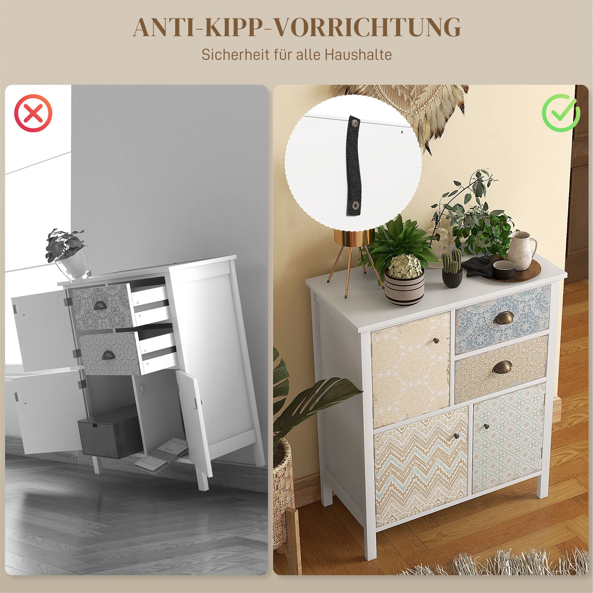 Chest of Drawers Storage Cabinet with 2 Drawers, 3 Cabinet Compartments, Drawer Cabinet with Tip-Over Protection for Living Room, Bedroom, White 68 x 34 x 80 cm