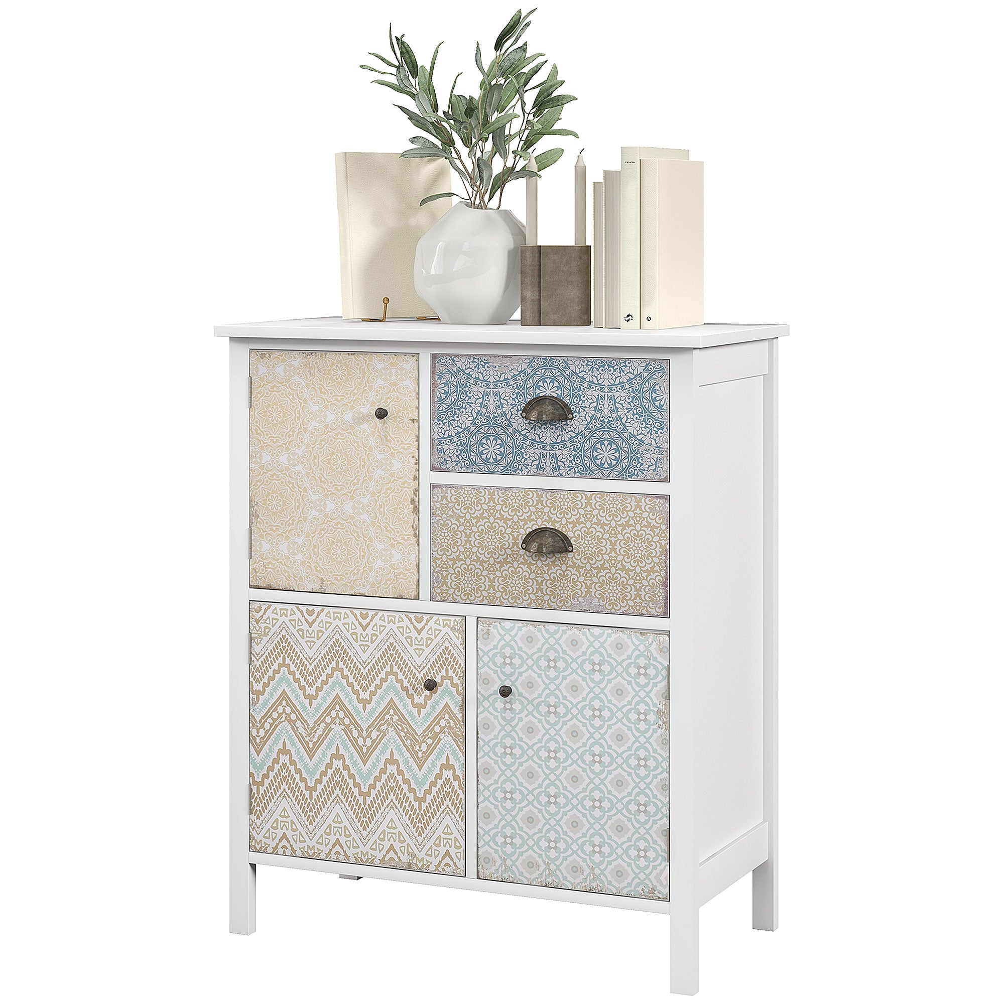 Chest of Drawers Storage Cabinet with 2 Drawers, 3 Cabinet Compartments, Drawer Cabinet with Tip-Over Protection for Living Room, Bedroom, White 68 x 34 x 80 cm