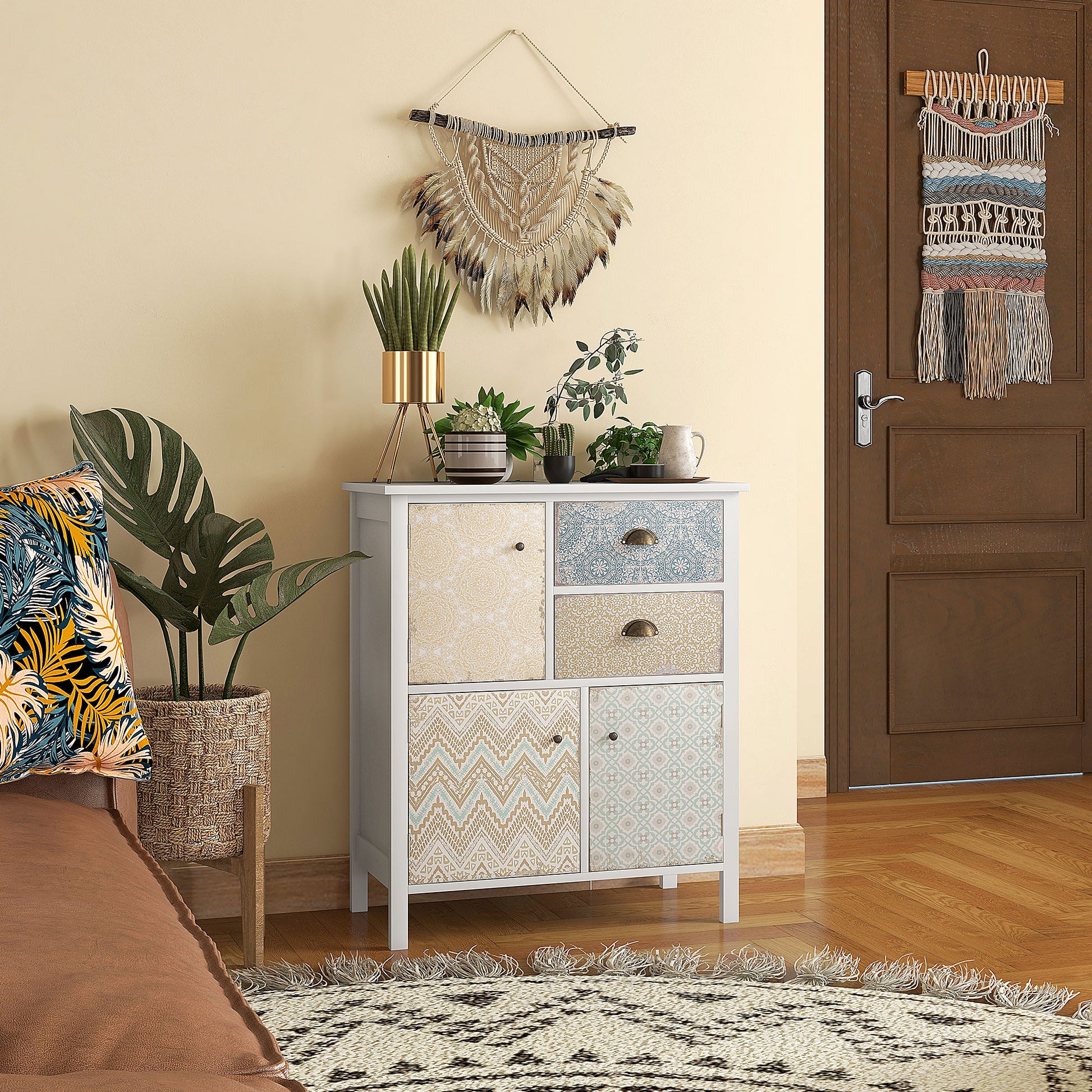Chest of Drawers Storage Cabinet with 2 Drawers, 3 Cabinet Compartments, Drawer Cabinet with Tip-Over Protection for Living Room, Bedroom, White 68 x 34 x 80 cm
