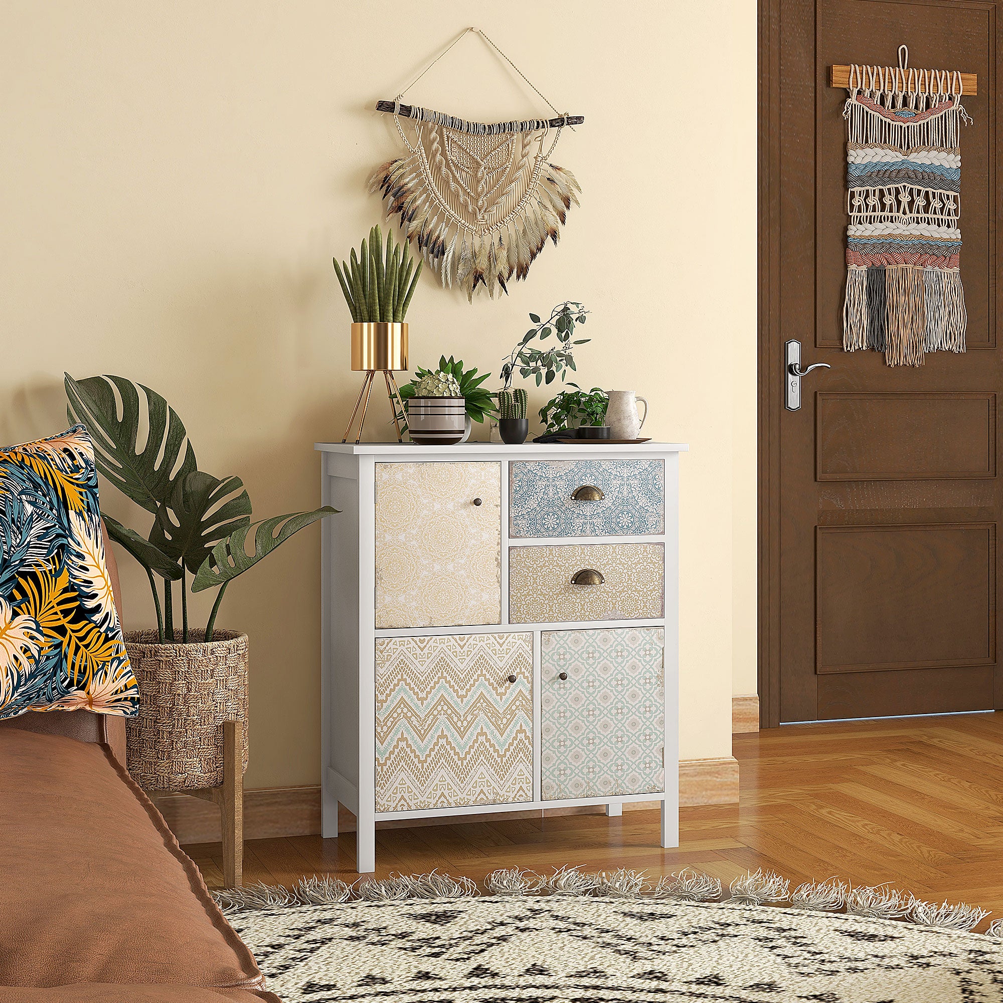 Chest of Drawers Storage Cabinet with 2 Drawers, 3 Cabinet Compartments, Drawer Cabinet with Tip-Over Protection for Living Room, Bedroom, White 68 x 34 x 80 cm