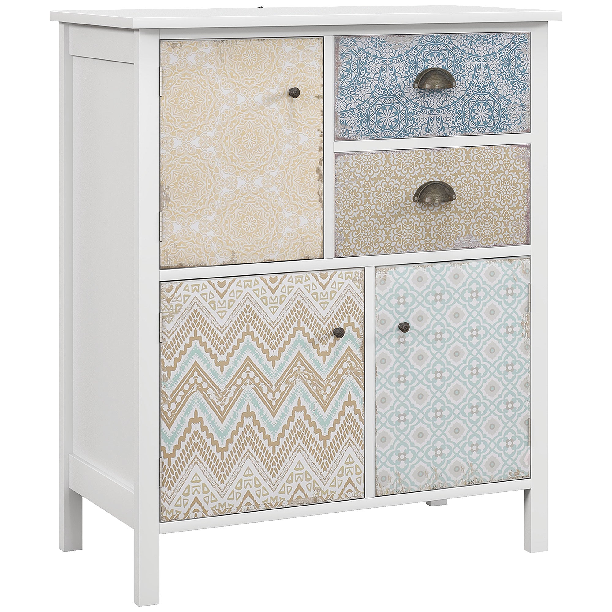 Chest of Drawers Storage Cabinet with 2 Drawers, 3 Cabinet Compartments, Drawer Cabinet with Tip-Over Protection for Living Room, Bedroom, White 68 x 34 x 80 cm