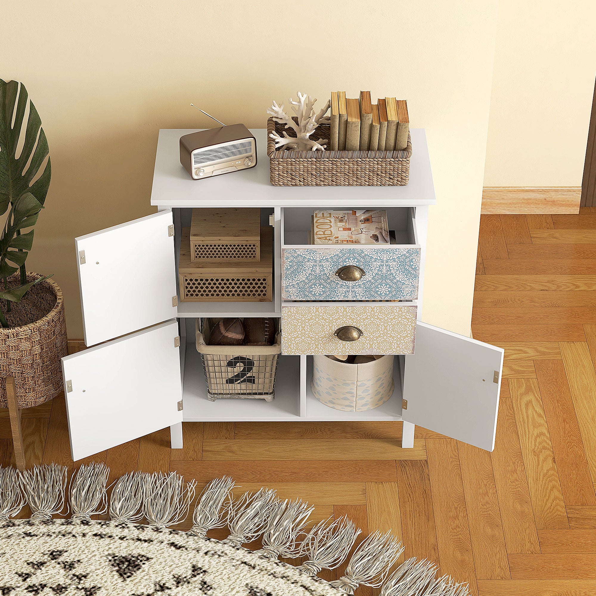 Chest of Drawers Storage Cabinet with 2 Drawers, 3 Cabinet Compartments, Drawer Cabinet with Tip-Over Protection for Living Room, Bedroom, White 68 x 34 x 80 cm