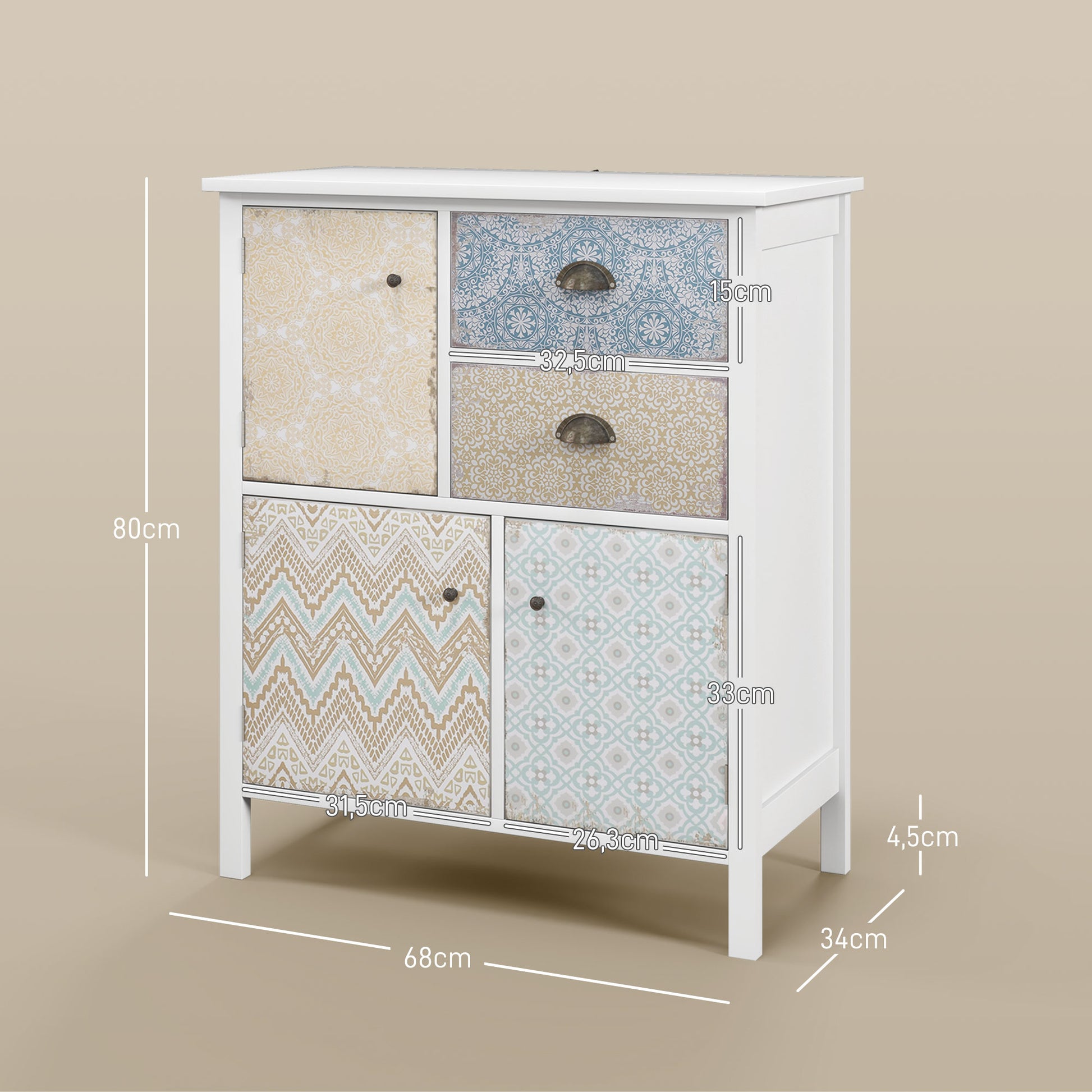Chest of Drawers Storage Cabinet with 2 Drawers, 3 Cabinet Compartments, Drawer Cabinet with Tip-Over Protection for Living Room, Bedroom, White 68 x 34 x 80 cm