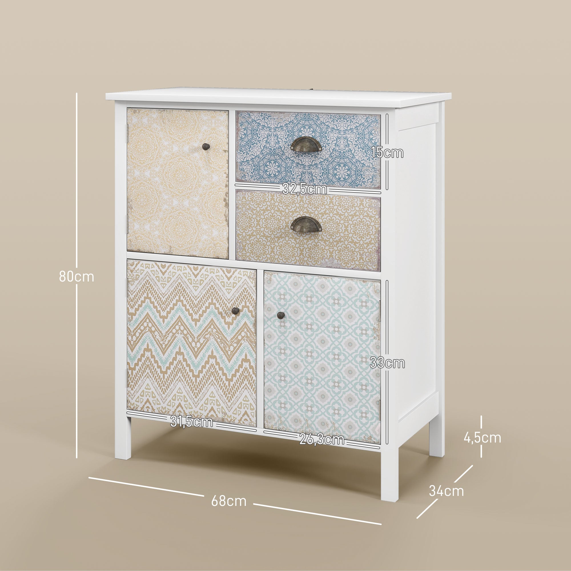 Chest of Drawers Storage Cabinet with 2 Drawers, 3 Cabinet Compartments, Drawer Cabinet with Tip-Over Protection for Living Room, Bedroom, White 68 x 34 x 80 cm