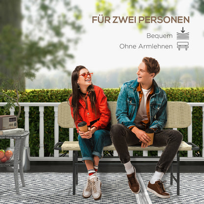 Poly Rattan 2-Seater Garden Bench Rattan Bench without Armrest, Patio Furniture up to 250 kg, for Balcony, Terrace, Metal, Khaki