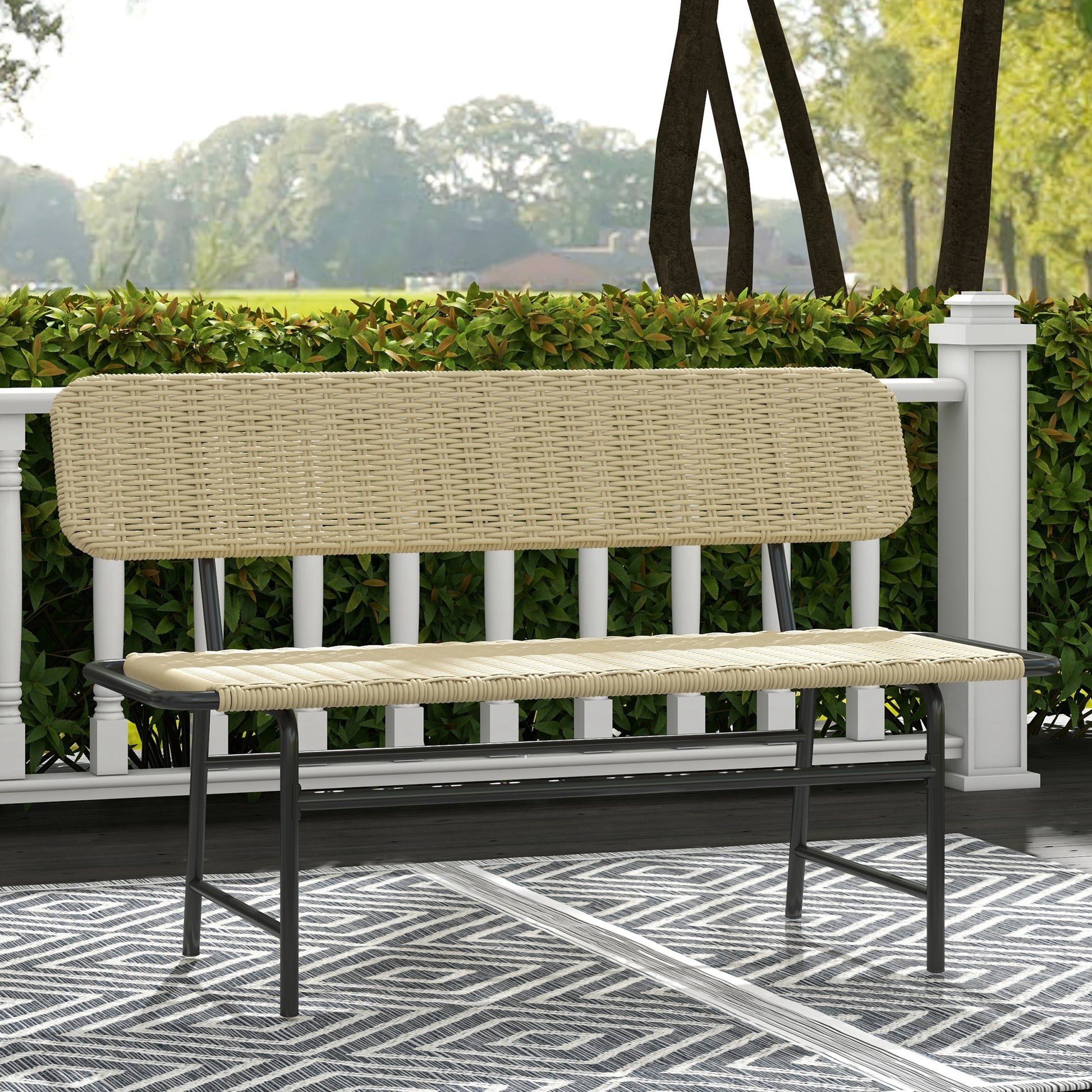 Poly Rattan 2-Seater Garden Bench Rattan Bench without Armrest, Patio Furniture up to 250 kg, for Balcony, Terrace, Metal, Khaki