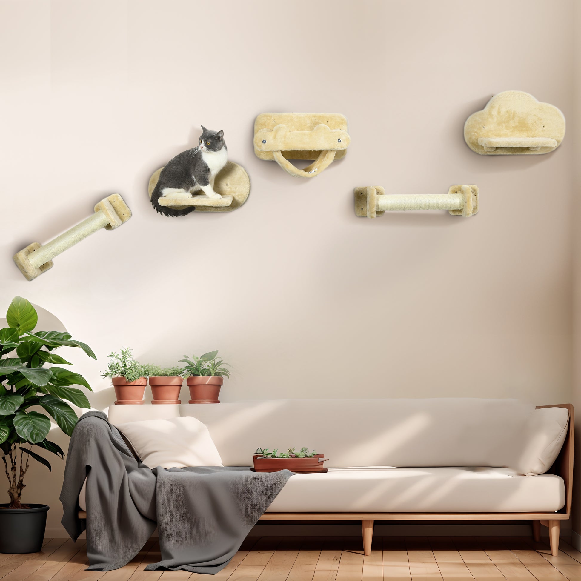 Cat Climbing Wall, 5-Piece Cat Staircase with 2 Scratching Posts, 2 Platforms, Climbing Cat Tree with Plush Cover, Hammock, for Indoor, Beige