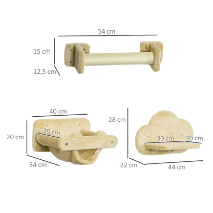 Cat Climbing Wall, 5-Piece Cat Staircase with 2 Scratching Posts, 2 Platforms, Climbing Cat Tree with Plush Cover, Hammock, for Indoor, Beige