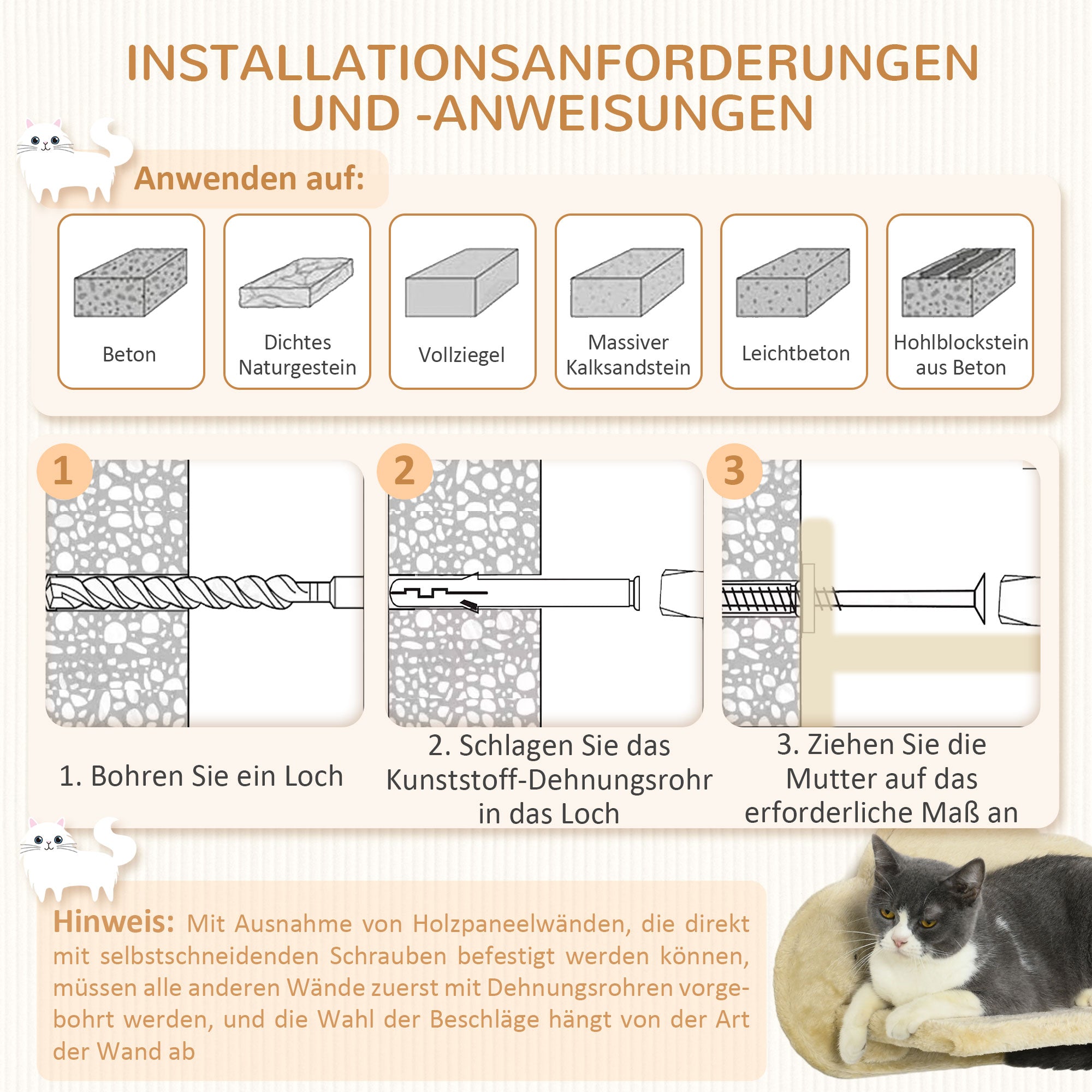 Cat Climbing Wall, 5-Piece Cat Staircase with 2 Scratching Posts, 2 Platforms, Climbing Cat Tree with Plush Cover, Hammock, for Indoor, Beige
