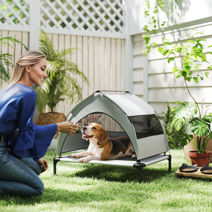 Elevated Outdoor Dog Bed with Canopy — Cooling Pet Lounger for Small to Medium Dogs, Steel Frame, Storage Bag, 30 x 24 x 24 in (Light Gray)