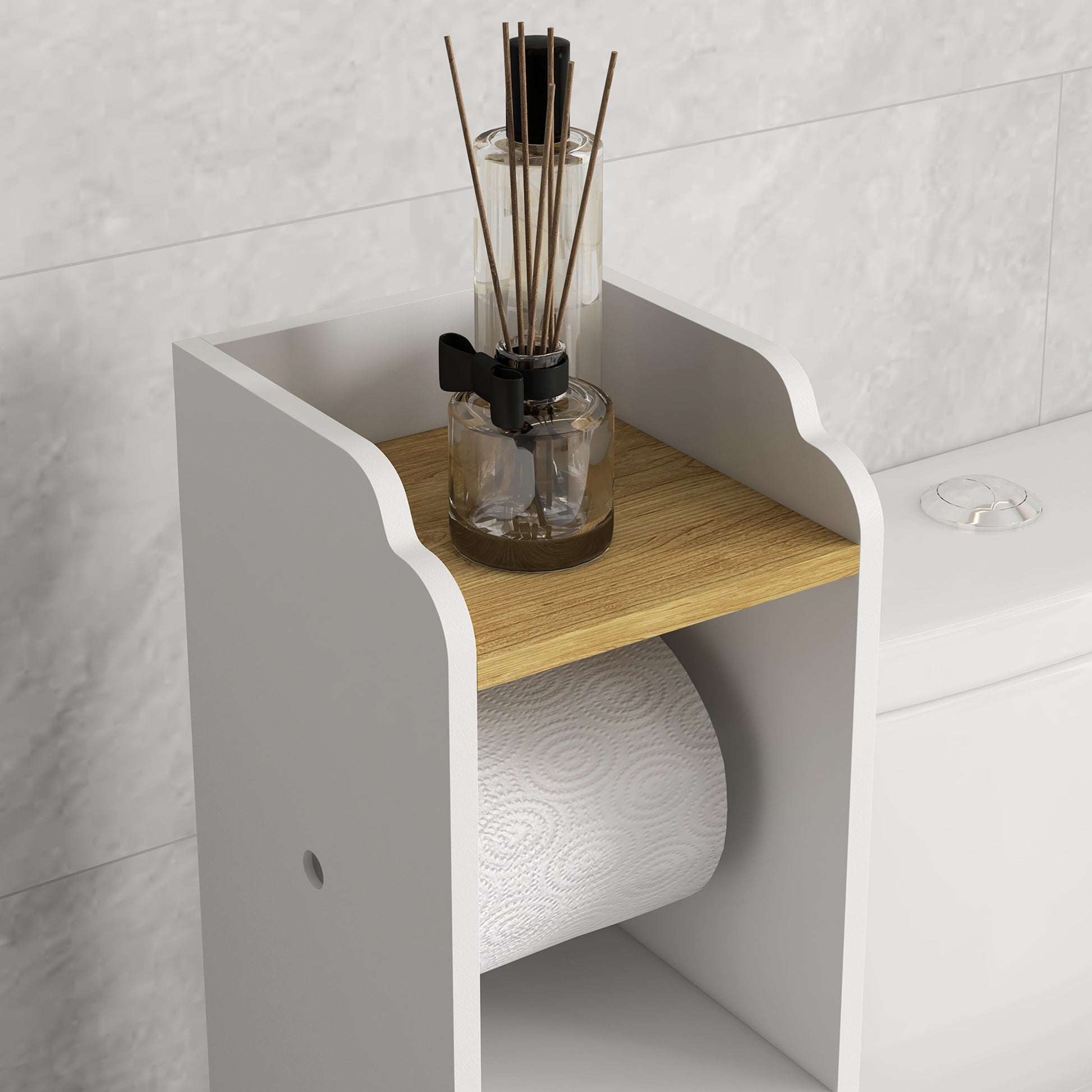 Modern Bathroom Cabinet Auxiliary Column Bathroom Floor Cabinet with Shelves 1 Door and Toilet Paper Holder for Bedroom Living Room 18x20x90 cm White and Oak