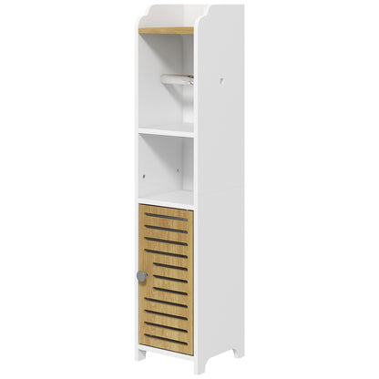 Modern Bathroom Cabinet Auxiliary Column Bathroom Floor Cabinet with Shelves 1 Door and Toilet Paper Holder for Bedroom Living Room 18x20x90 cm White and Oak