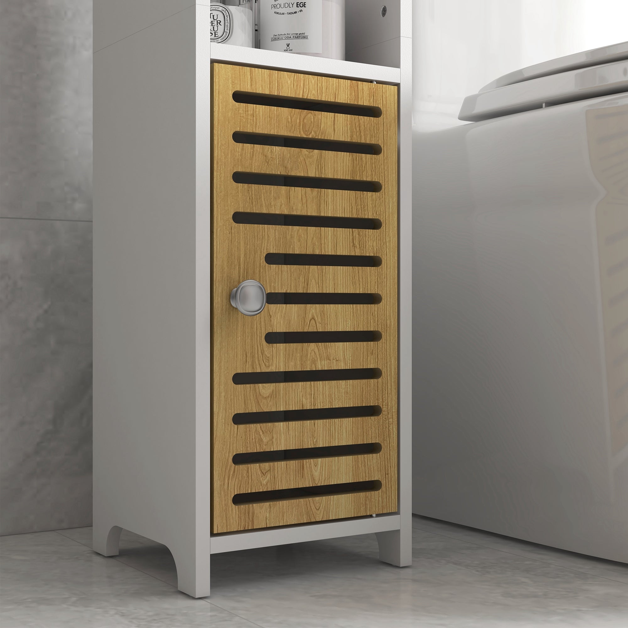 Modern Bathroom Cabinet Auxiliary Column Bathroom Floor Cabinet with Shelves 1 Door and Toilet Paper Holder for Bedroom Living Room 18x20x90 cm White and Oak