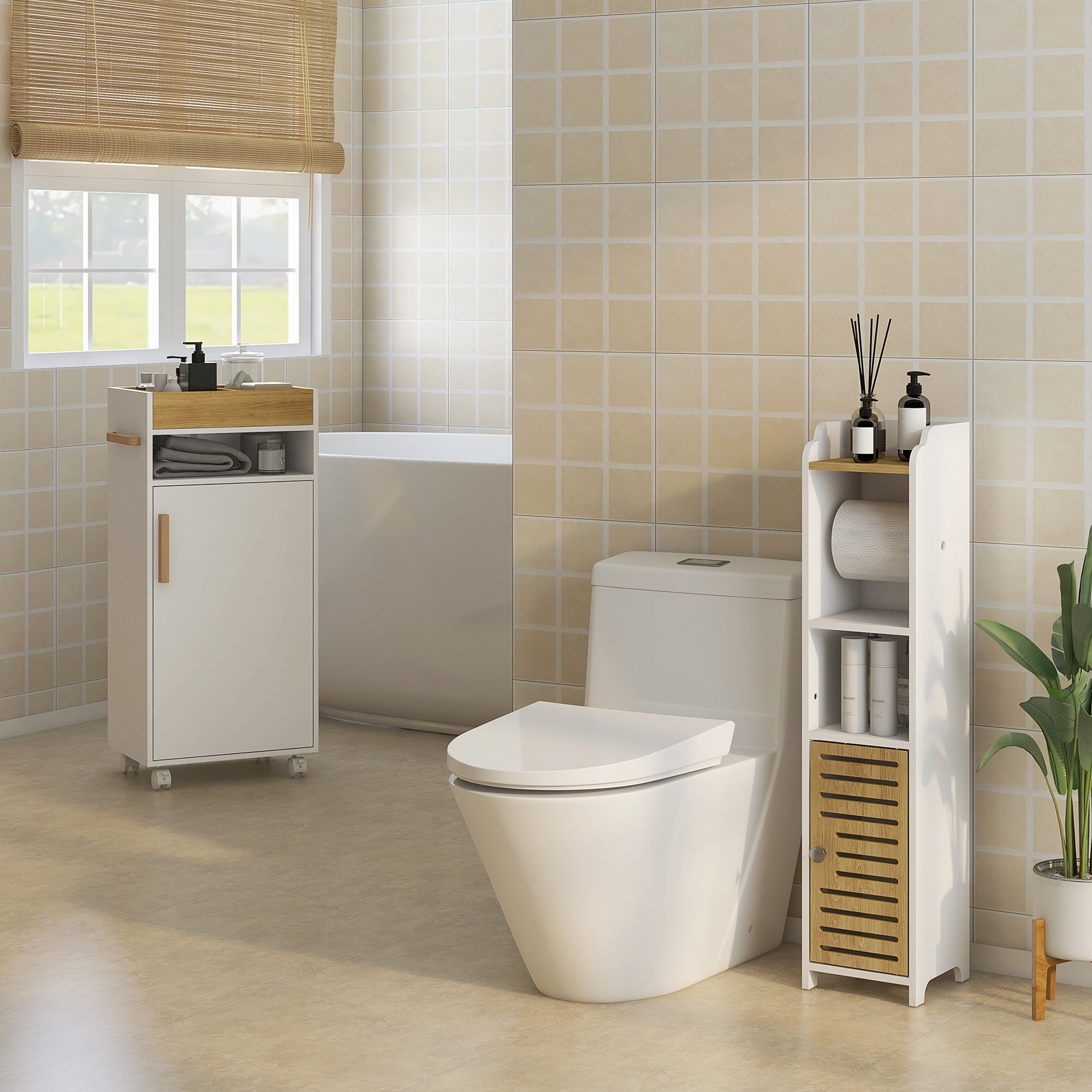Modern Bathroom Cabinet Auxiliary Column Bathroom Floor Cabinet with Shelves 1 Door and Toilet Paper Holder for Bedroom Living Room 18x20x90 cm White and Oak