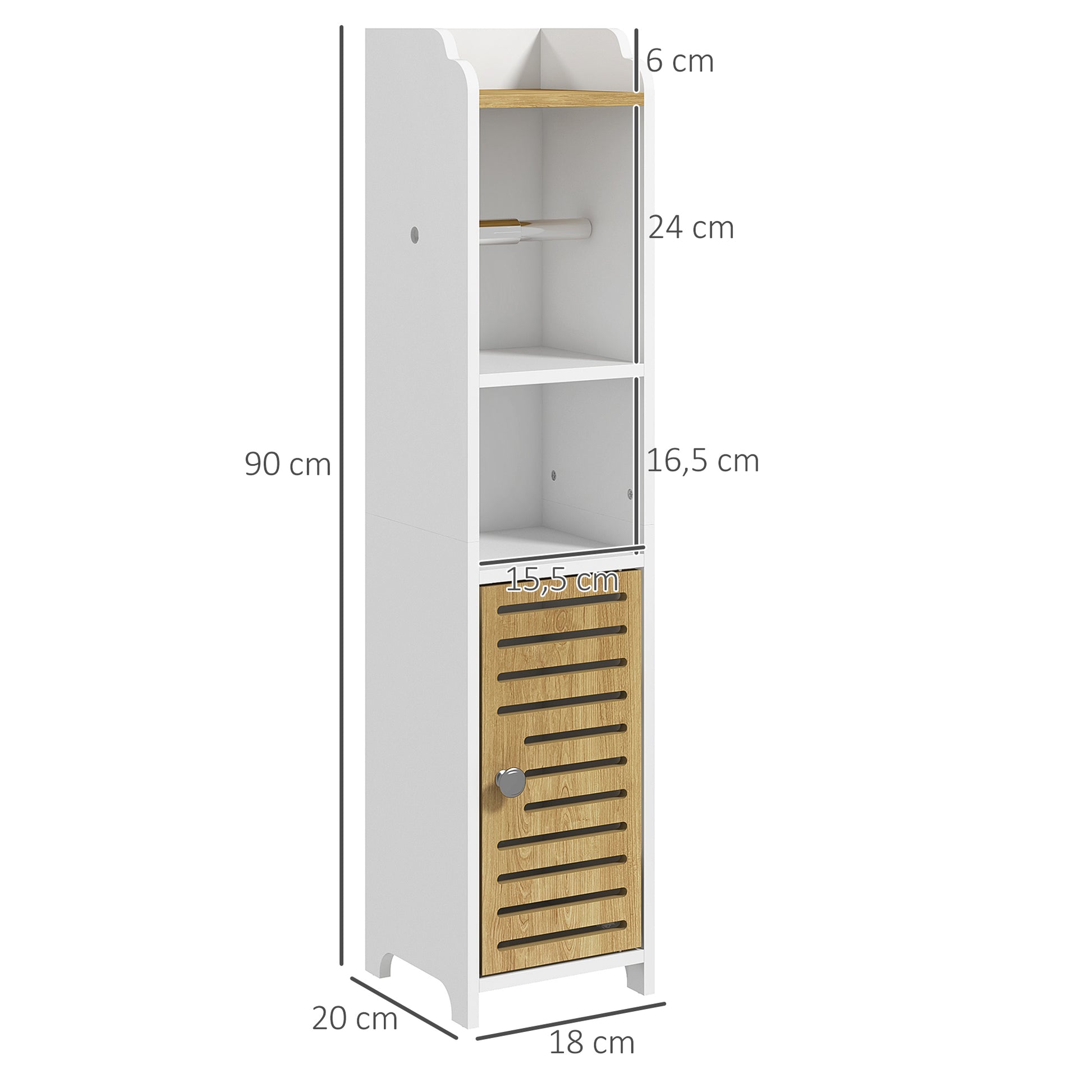 Modern Bathroom Cabinet Auxiliary Column Bathroom Floor Cabinet with Shelves 1 Door and Toilet Paper Holder for Bedroom Living Room 18x20x90 cm White and Oak
