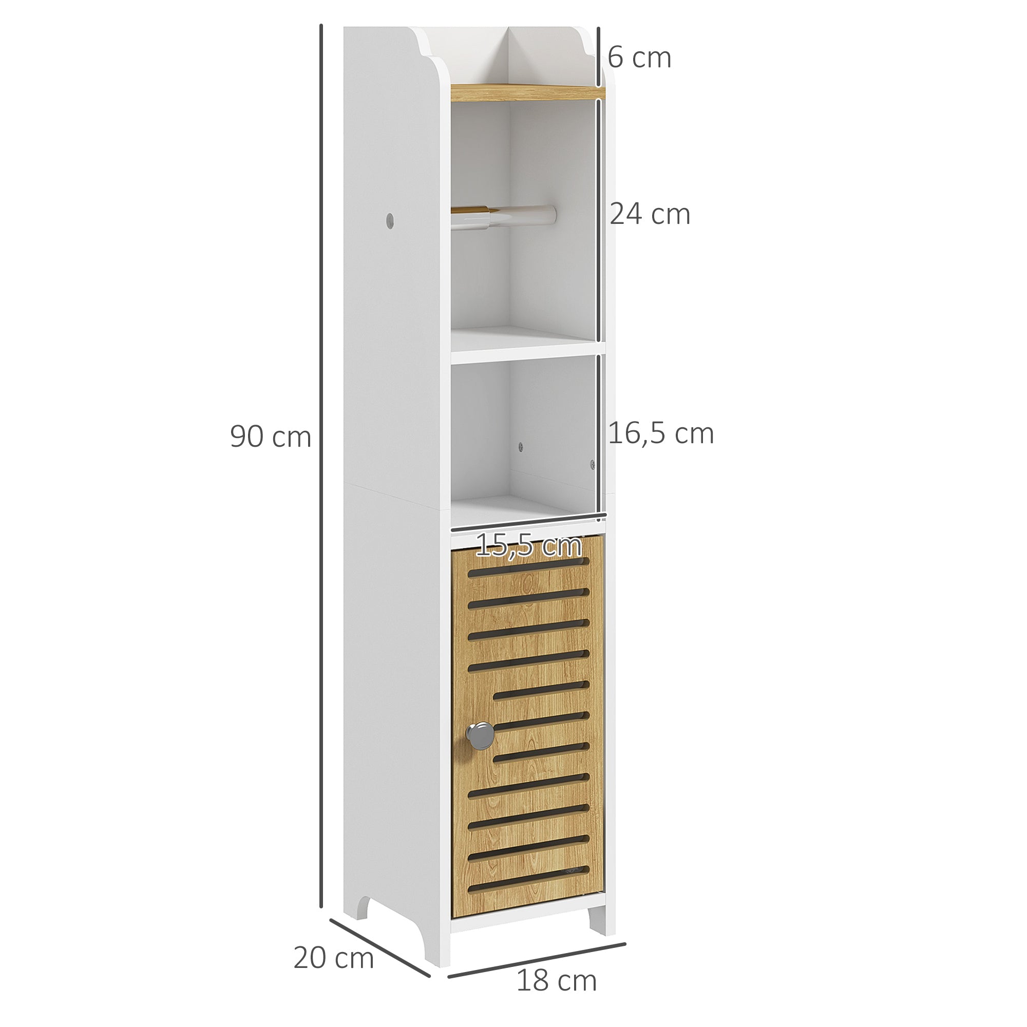 Modern Bathroom Cabinet Auxiliary Column Bathroom Floor Cabinet with Shelves 1 Door and Toilet Paper Holder for Bedroom Living Room 18x20x90 cm White and Oak