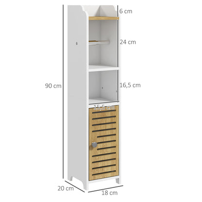 Modern Bathroom Cabinet Auxiliary Column Bathroom Floor Cabinet with Shelves 1 Door and Toilet Paper Holder for Bedroom Living Room 18x20x90 cm White and Oak