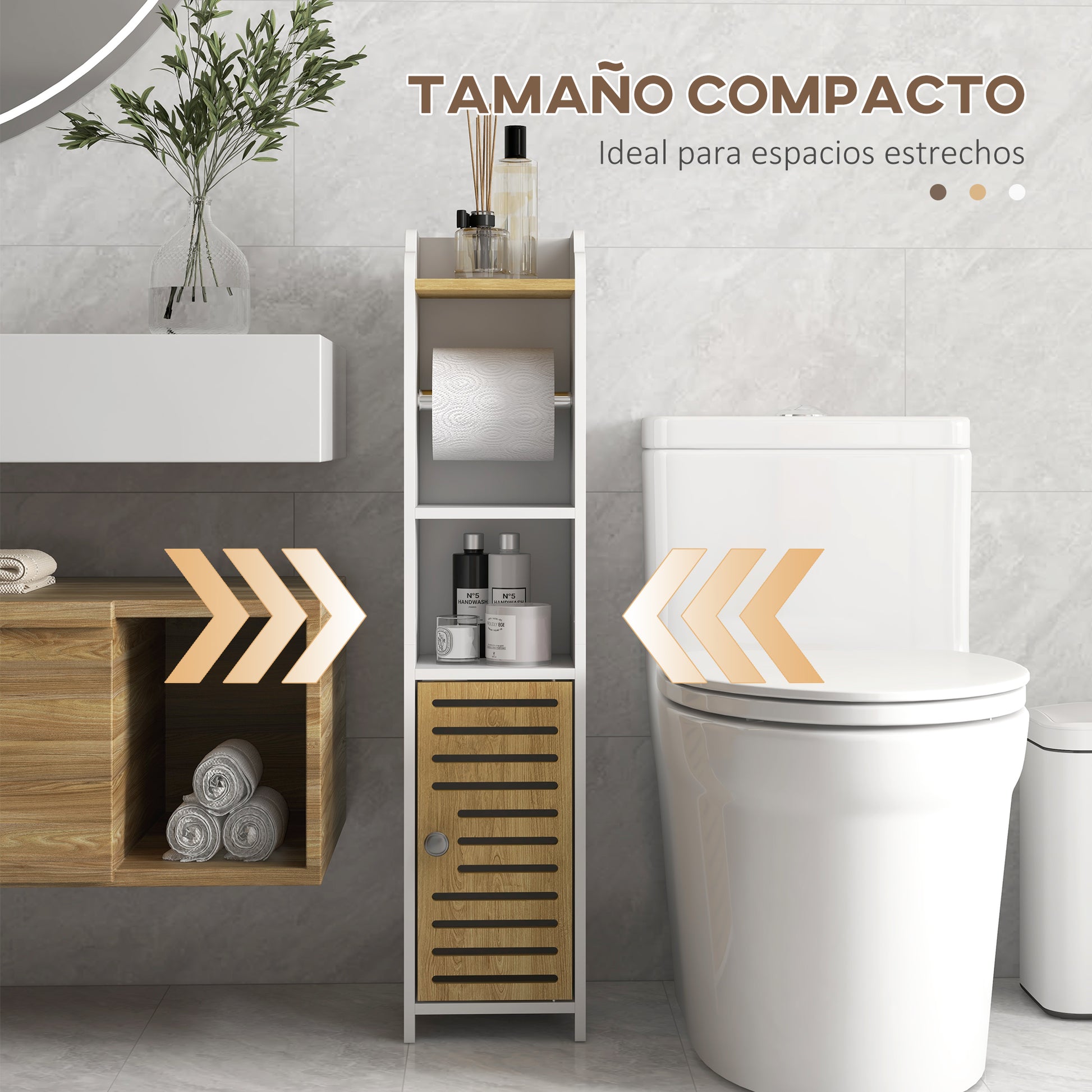 Modern Bathroom Cabinet Auxiliary Column Bathroom Floor Cabinet with Shelves 1 Door and Toilet Paper Holder for Bedroom Living Room 18x20x90 cm White and Oak