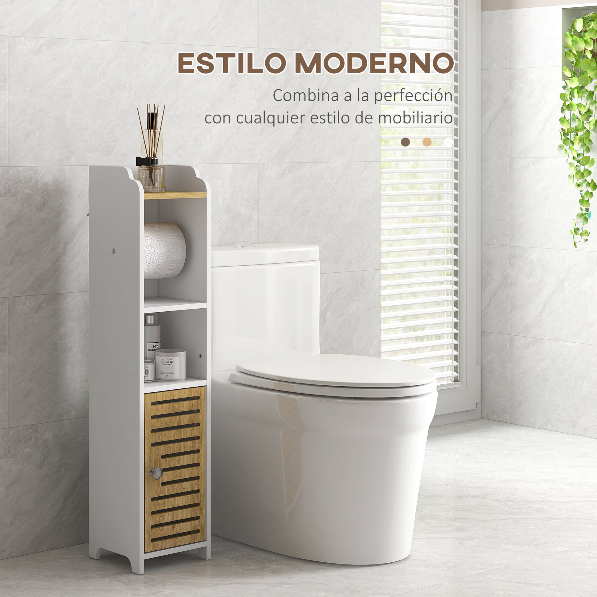 Modern Bathroom Cabinet Auxiliary Column Bathroom Floor Cabinet with Shelves 1 Door and Toilet Paper Holder for Bedroom Living Room 18x20x90 cm White and Oak