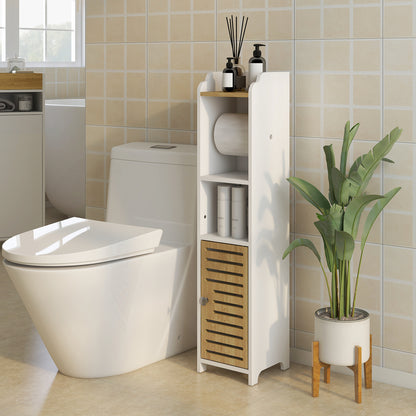 Modern Bathroom Cabinet Auxiliary Column Bathroom Floor Cabinet with Shelves 1 Door and Toilet Paper Holder for Bedroom Living Room 18x20x90 cm White and Oak