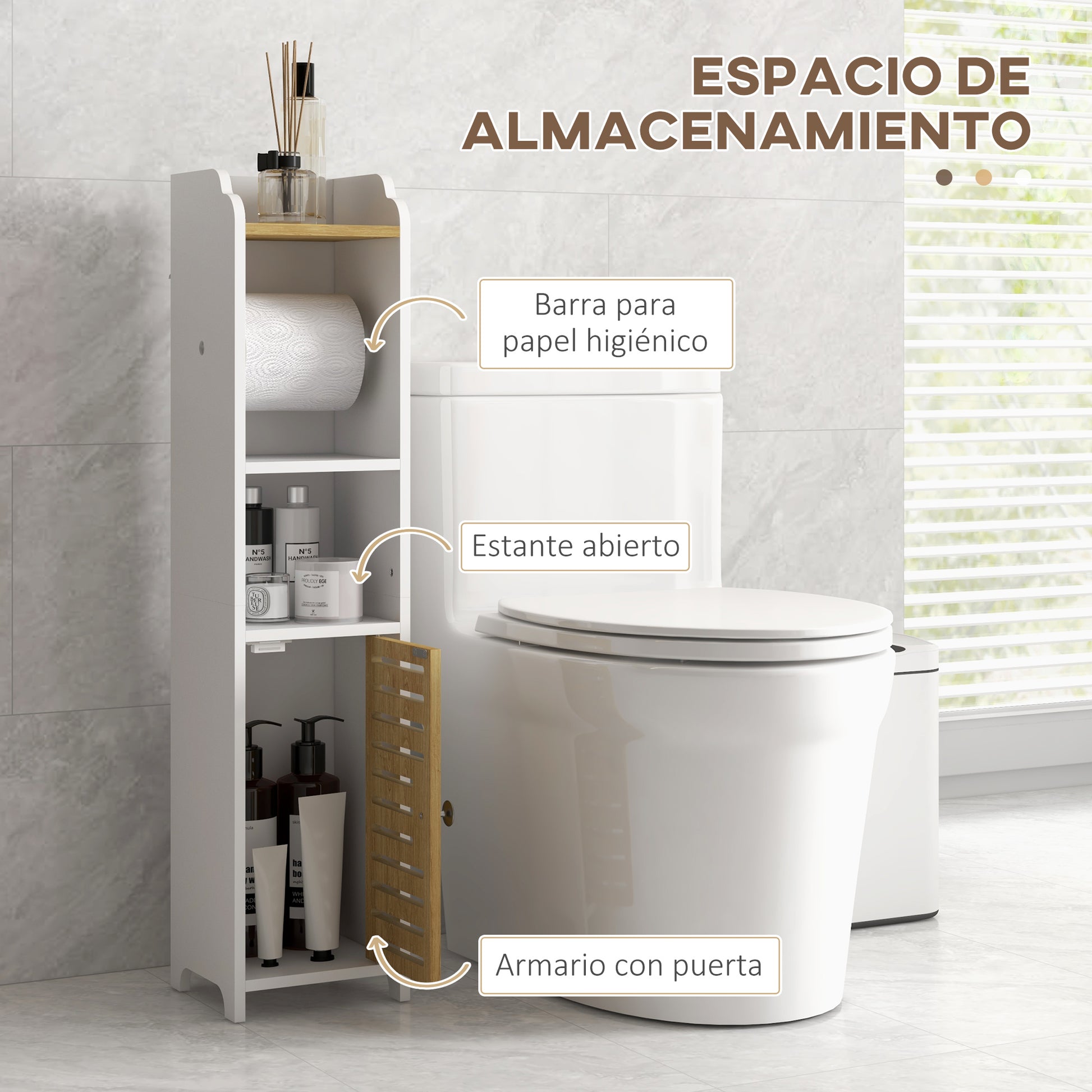 Modern Bathroom Cabinet Auxiliary Column Bathroom Floor Cabinet with Shelves 1 Door and Toilet Paper Holder for Bedroom Living Room 18x20x90 cm White and Oak