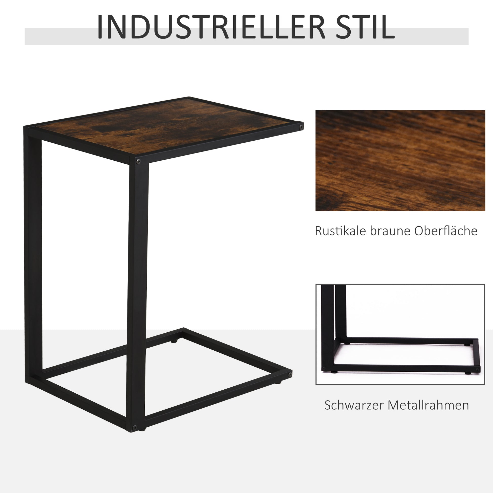 C-Shape Side Table Coffee Table Laptop Table for Bedroom and Living Room Small Area with Metal Frame Industrial Style Metal MDF Rustic Brown 40.6 x 50.8 x 64.2 cm