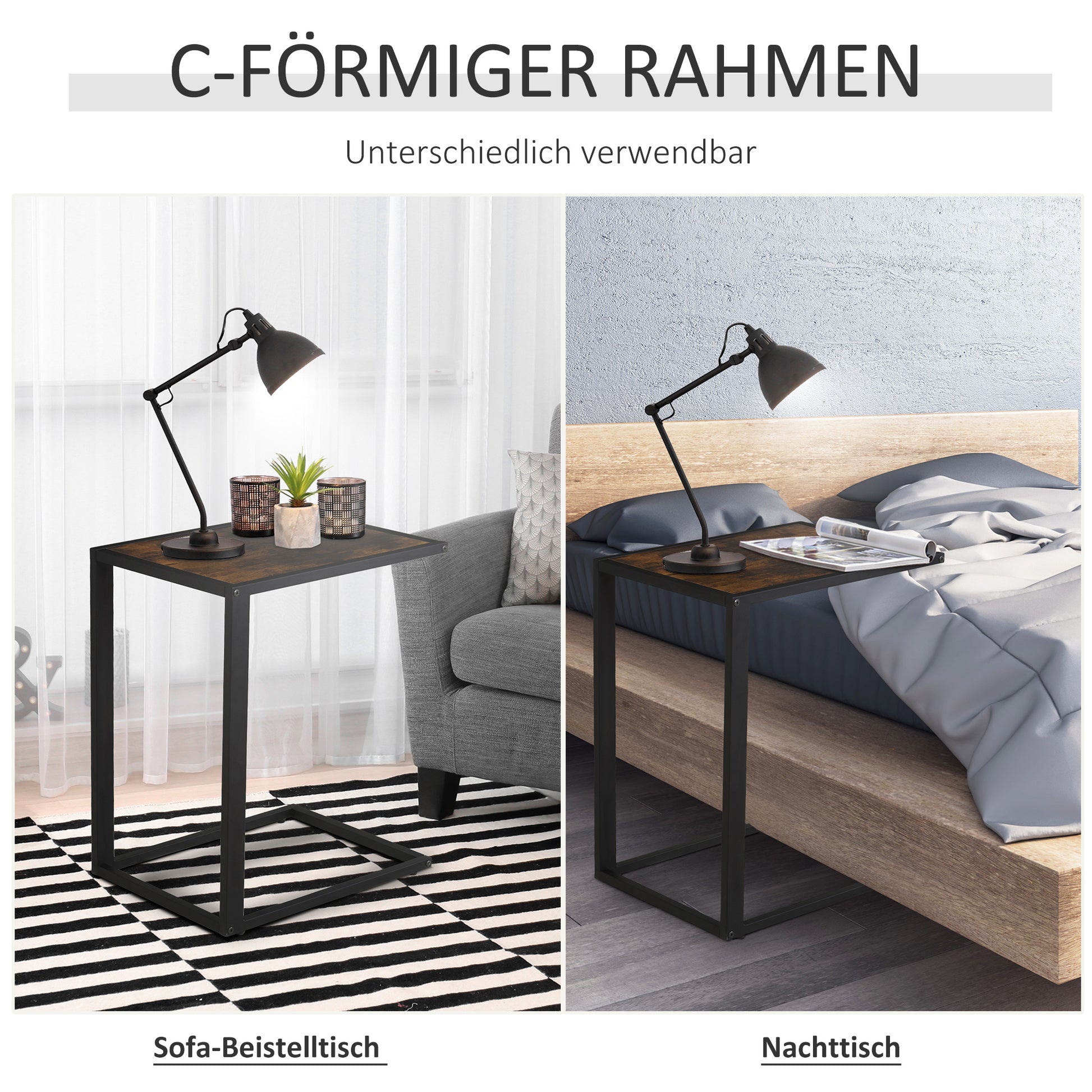 C-Shape Side Table Coffee Table Laptop Table for Bedroom and Living Room Small Area with Metal Frame Industrial Style Metal MDF Rustic Brown 40.6 x 50.8 x 64.2 cm