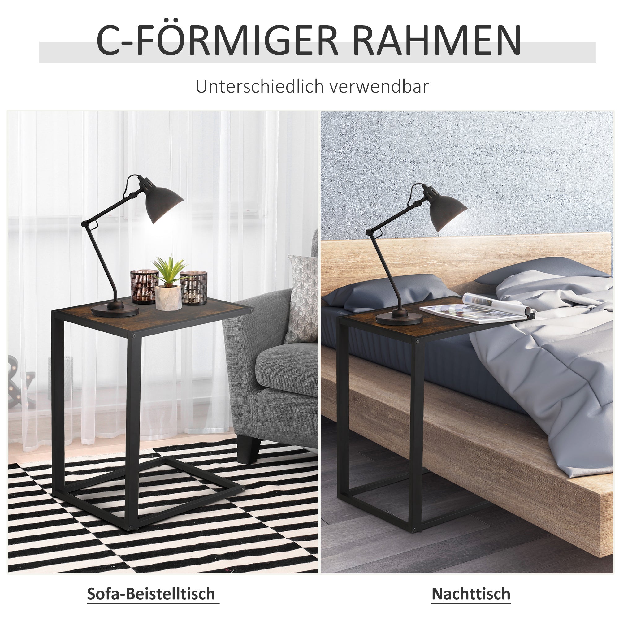 C-Shape Side Table Coffee Table Laptop Table for Bedroom and Living Room Small Area with Metal Frame Industrial Style Metal MDF Rustic Brown 40.6 x 50.8 x 64.2 cm