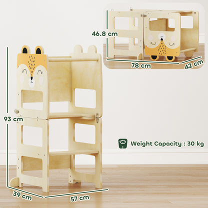Montessori Learning Tower for Kids (2–5 yrs) with Chalkboard & Table — Natural Plywood