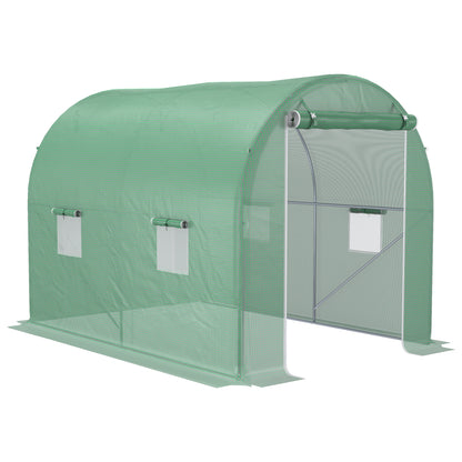 Garden Tunnel Greenhouse Ground Surface 6 m² 3L x 2W x 2.10H m Reinforced Tubular Frame Zippered Door 4 Roll-Up Windows Green