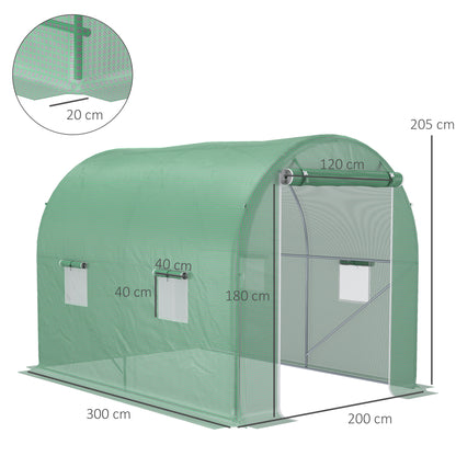 Garden Tunnel Greenhouse Ground Surface 6 m² 3L x 2W x 2.10H m Reinforced Tubular Frame Zippered Door 4 Roll-Up Windows Green