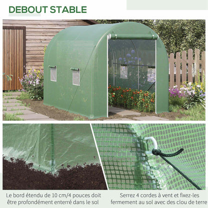 Garden Tunnel Greenhouse Ground Surface 6 m² 3L x 2W x 2.10H m Reinforced Tubular Frame Zippered Door 4 Roll-Up Windows Green