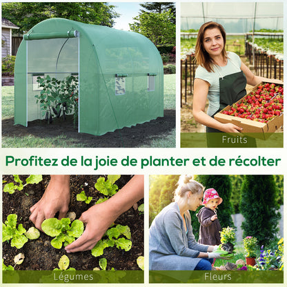 Garden Tunnel Greenhouse Ground Surface 6 m² 3L x 2W x 2.10H m Reinforced Tubular Frame Zippered Door 4 Roll-Up Windows Green