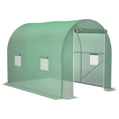 Garden Tunnel Greenhouse Ground Surface 6 m² 3L x 2W x 2.10H m Reinforced Tubular Frame Zippered Door 4 Roll-Up Windows Green
