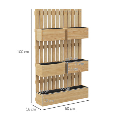 Wall Planter with 5 Removable Solid Wood Trellis Bins, Non-Woven Fabric, 60 x 16 x 100 cm