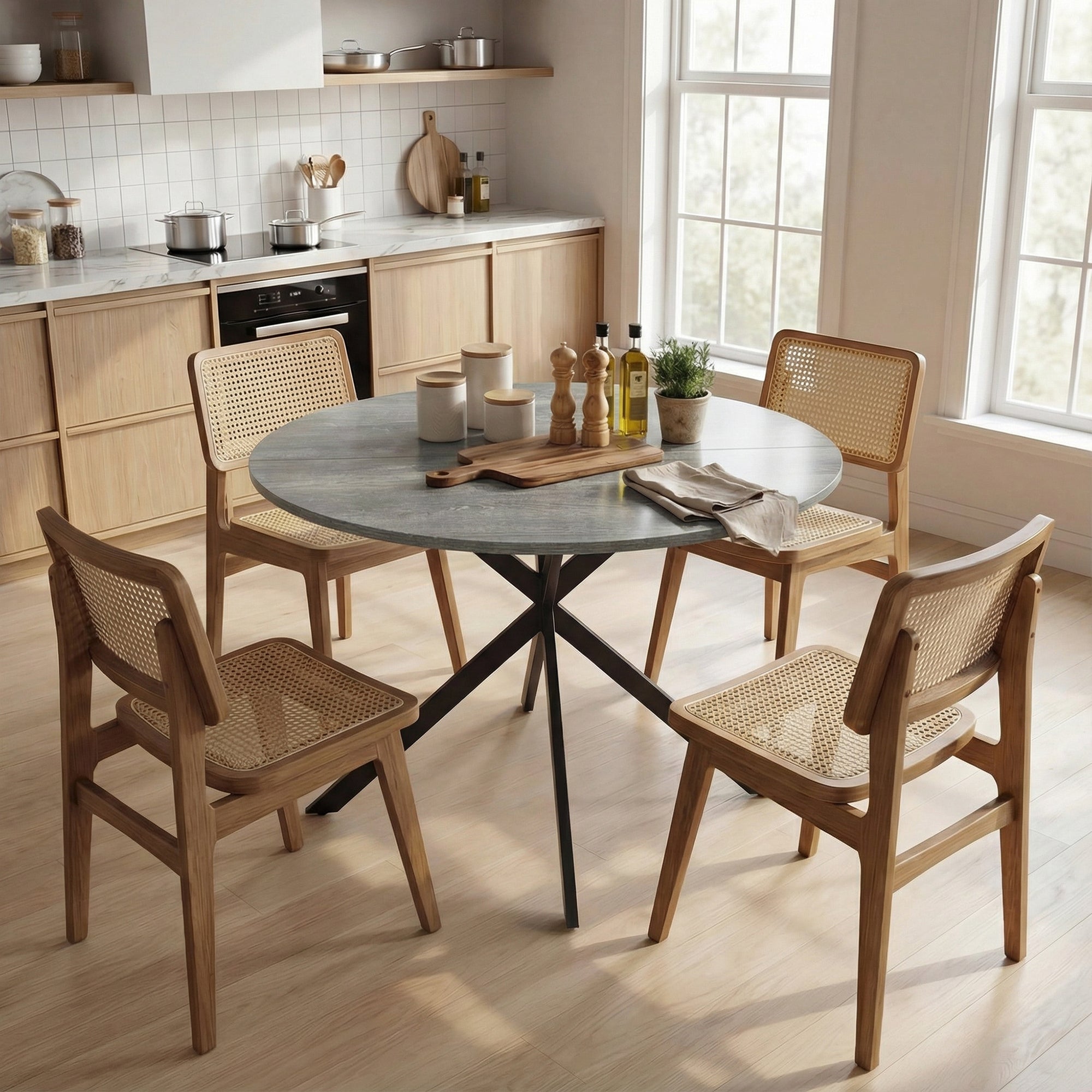 Round Dining Table for 4, 39.4" (100 cm) Industrial Style with Steel X-Legs, Gray